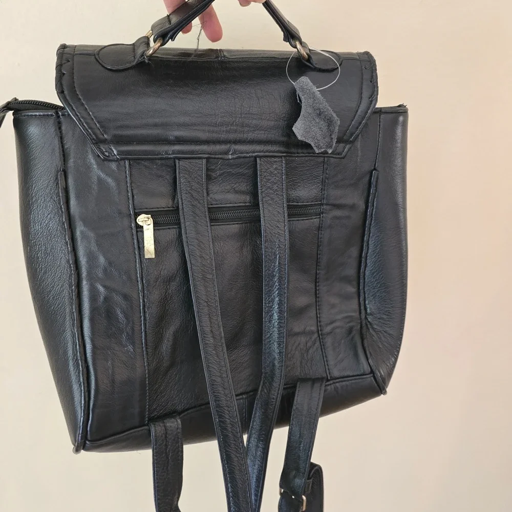 Genuine Leather Backpack Purse Black Whipstitch Made in Mexico Gold‎ Hardware